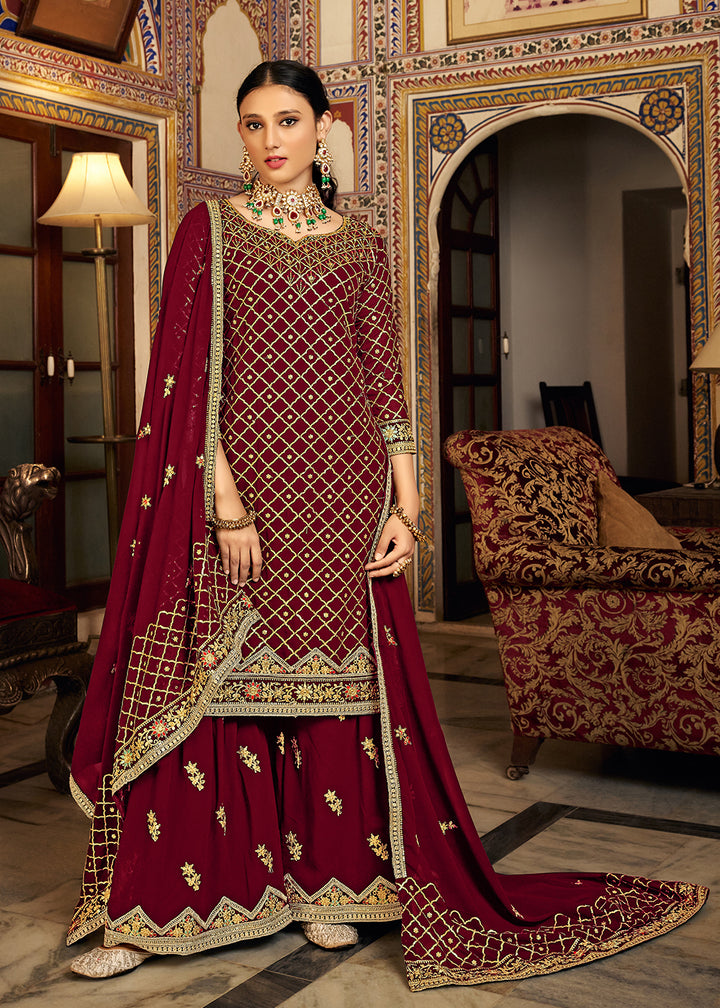 Buy Now Lovely Red Embroidered Designer Festive Palazzo Suit Online in USA, UK, Canada, Germany, Australia & Worldwide at Empress Clothing.