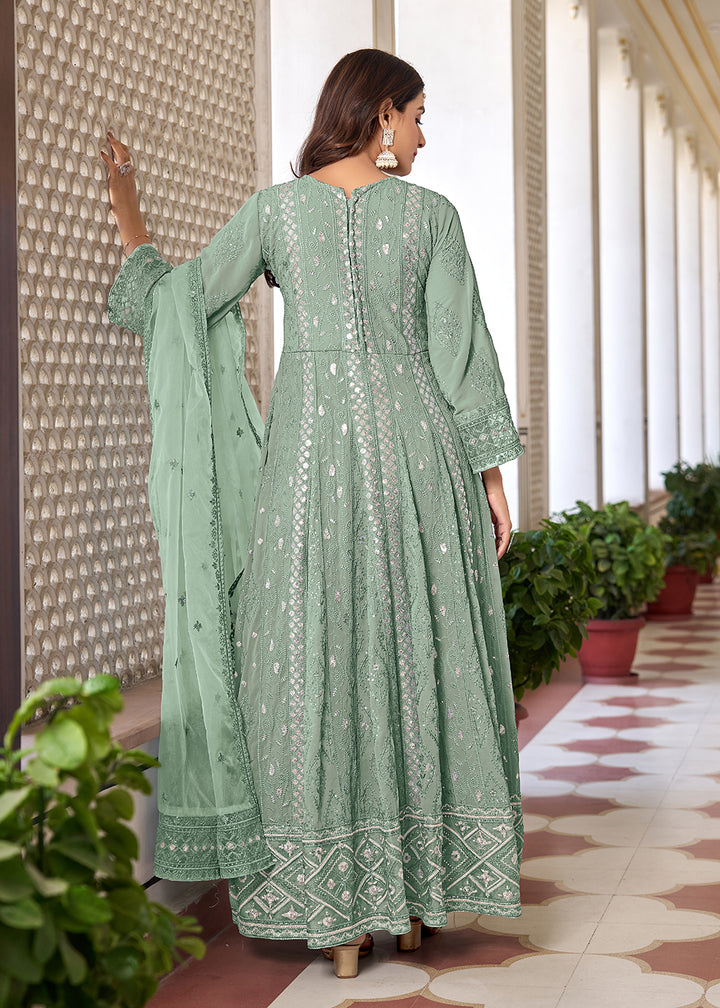 Buy Now Slit Style Green Embroidered Wedding Festive Anarkali Suit Online in USA, UK, Australia, New Zealand, Canada & Worldwide at Empress Clothing.