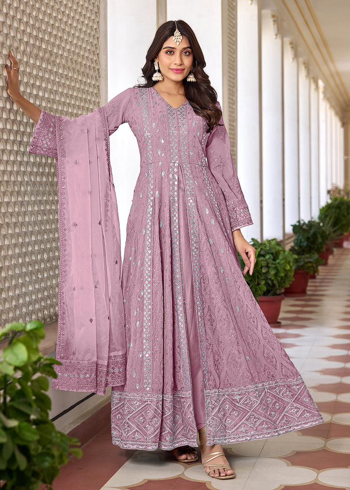 Slit Style Lavender Embroidered Wedding Festive Anarkali Suit