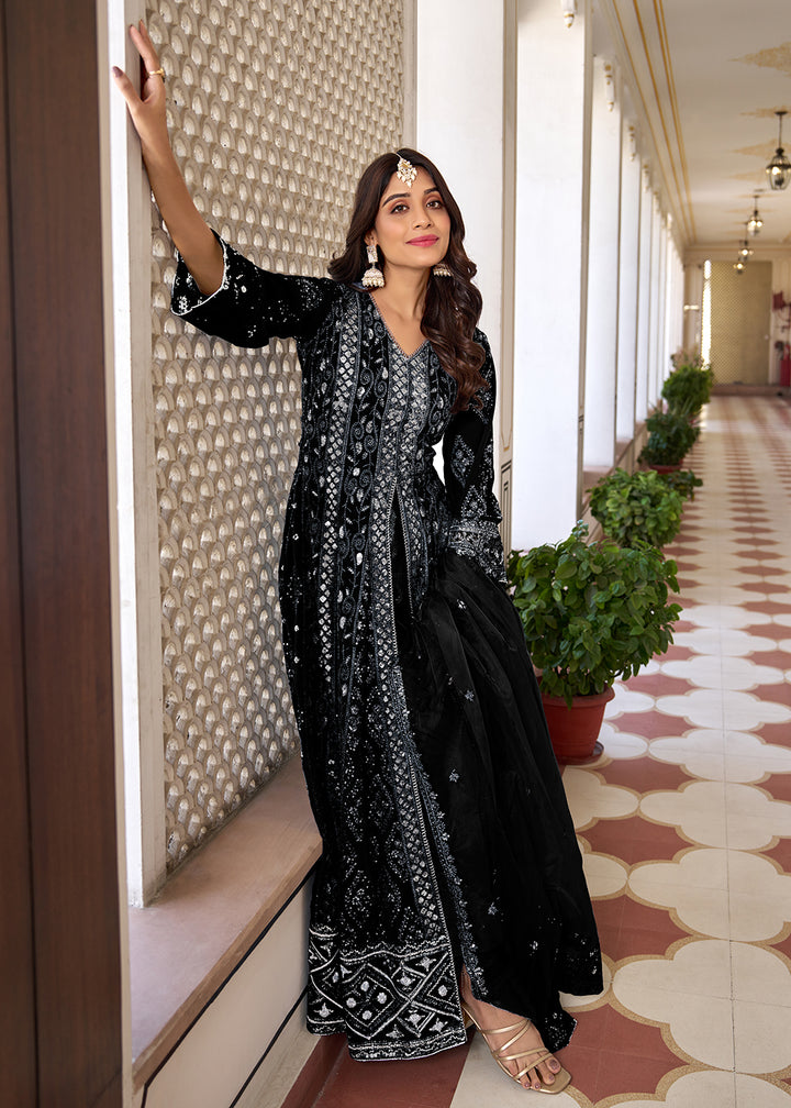 Buy Now Slit Style Black Embroidered Wedding Festive Anarkali Suit Online in USA, UK, Australia, New Zealand, Canada & Worldwide at Empress Clothing.