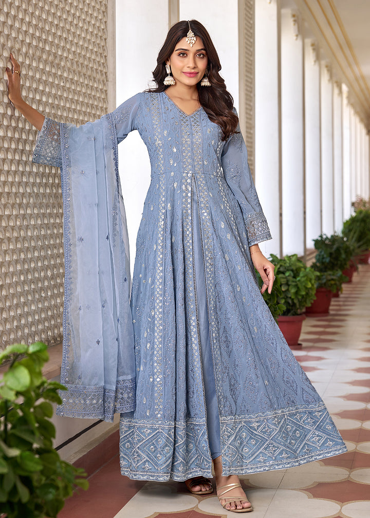 Buy Now Slit Style Blue Embroidered Wedding Festive Anarkali Suit Online in USA, UK, Australia, New Zealand, Canada & Worldwide at Empress Clothing.