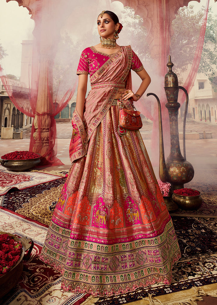 Buy Now Royal Multicolor Pink & Peach Embroidered Bridal Lehenga Choli Online in USA, UK, Canada & Worldwide at Empress Clothing.