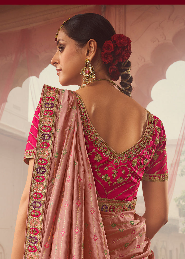 Buy Now Royal Multicolor Pink & Peach Embroidered Bridal Lehenga Choli Online in USA, UK, Canada & Worldwide at Empress Clothing.