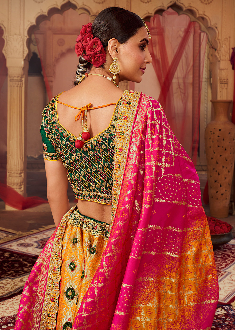 Buy Now Royal Multicolor Green & Mustard Embroidered Bridal Lehenga Choli Online in USA, UK, Canada & Worldwide at Empress Clothing.