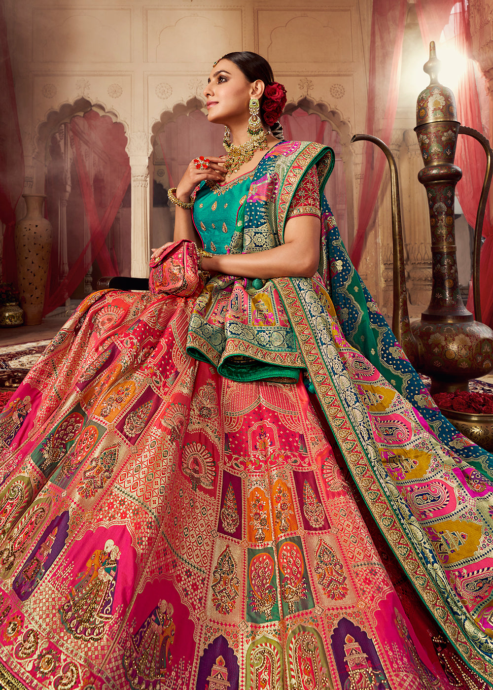 Buy Now Royal Multicolor Teal Embroidered Bridal Lehenga Choli Online in USA, UK, Canada & Worldwide at Empress Clothing.