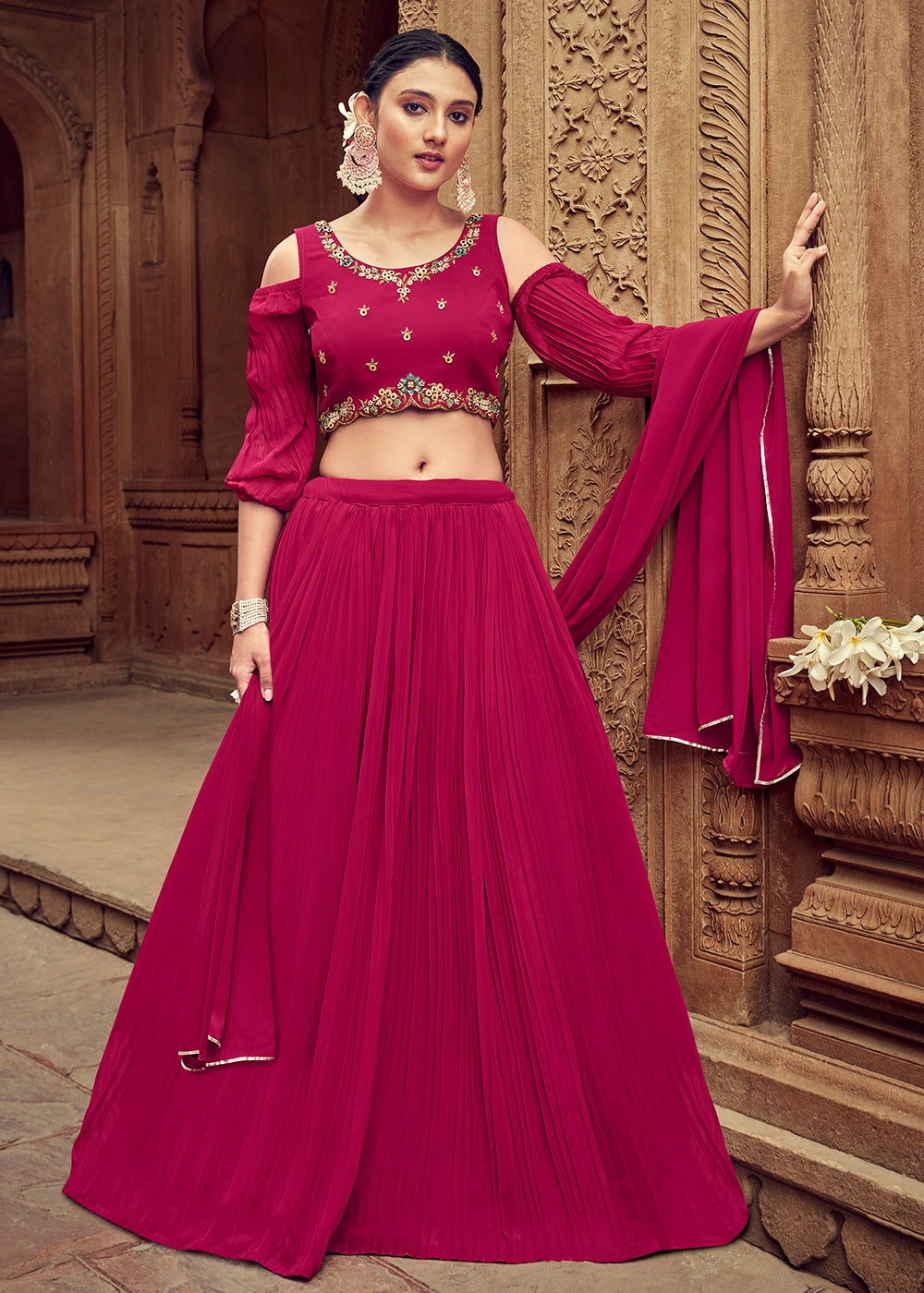 Buy Now Enticing Rani Pink Georgette Function Style Lehenga Choli Online in USA, UK, Canada & Worldwide at Empress Clothing. 