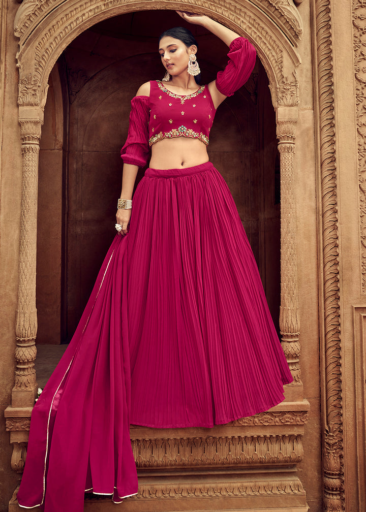 Buy Now Enticing Rani Pink Georgette Function Style Lehenga Choli Online in USA, UK, Canada & Worldwide at Empress Clothing. 