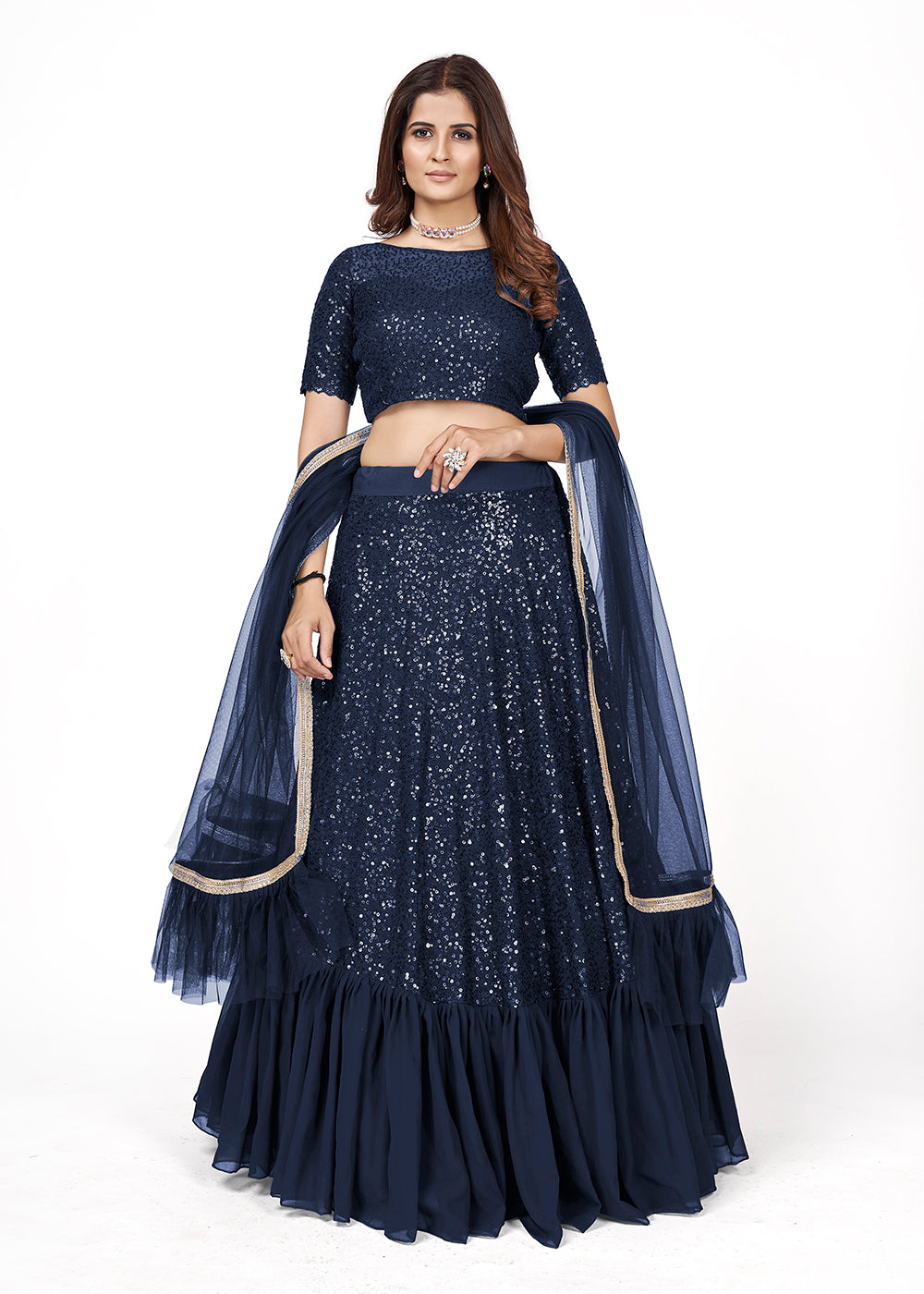 Buy Now Dark Blue Multi Sequins Embroidered Party Wear Lehenga Choli Online in USA, UK, Canada & Worldwide at Empress Clothing.