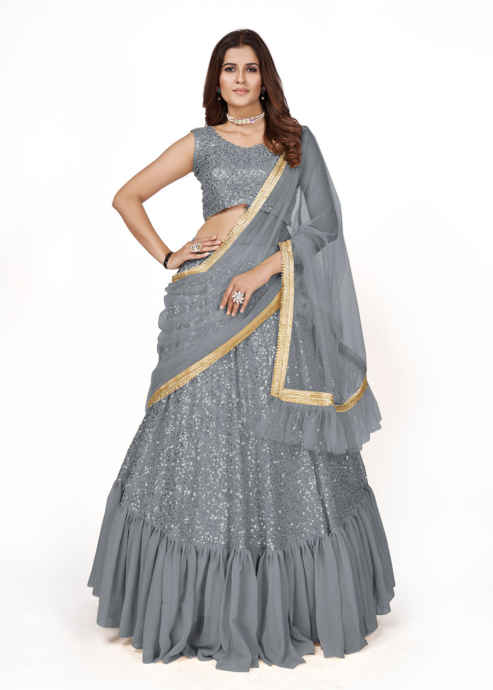 Buy Now Grey Multi Sequins Embroidered Party Wear Lehenga Choli Online in USA, UK, Canada & Worldwide at Empress Clothing.