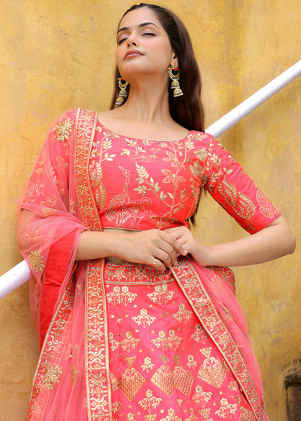 Buy Now Wedding Festive Peach Embroidered Trendy Lehenga Choli Online in USA, UK, Canada, France, Italy, Germany, Austria, UAE, Qatar & Worldwide at Empress.