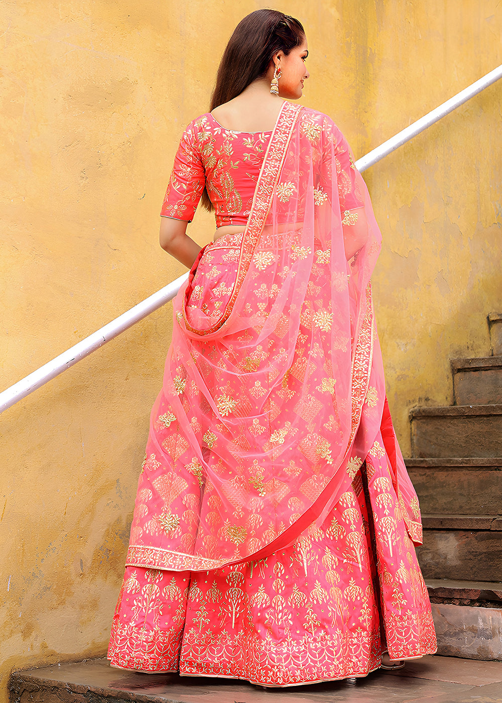 Buy Now Wedding Festive Peach Embroidered Trendy Lehenga Choli Online in USA, UK, Canada, France, Italy, Germany, Austria, UAE, Qatar & Worldwide at Empress.