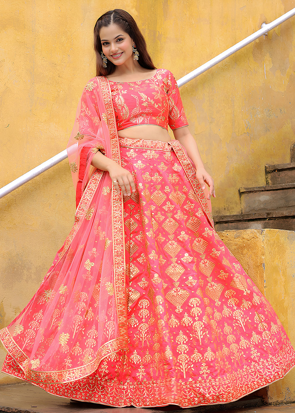 Buy Now Wedding Festive Peach Embroidered Trendy Lehenga Choli Online in USA, UK, Canada, France, Italy, Germany, Austria, UAE, Qatar & Worldwide at Empress.