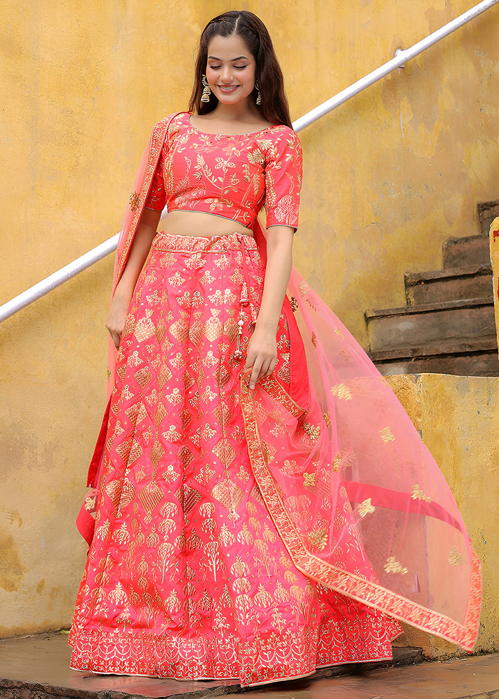 Buy Now Wedding Festive Peach Embroidered Trendy Lehenga Choli Online in USA, UK, Canada, France, Italy, Germany, Austria, UAE, Qatar & Worldwide at Empress.