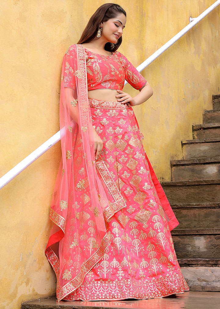 Buy Now Wedding Festive Peach Embroidered Trendy Lehenga Choli Online in USA, UK, Canada, France, Italy, Germany, Austria, UAE, Qatar & Worldwide at Empress.