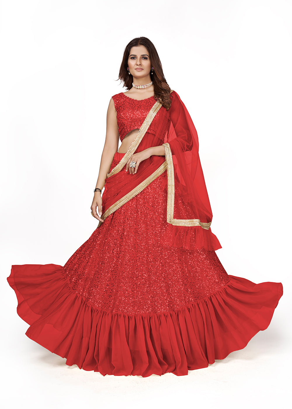 Buy Now Red Multi Sequins Embroidered Party Wear Lehenga Choli Online in USA, UK, Canada & Worldwide at Empress Clothing.
