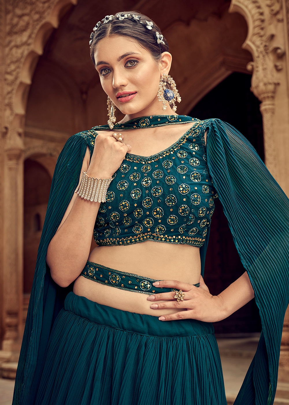 Buy Now Enticing Teal Georgette Function Style Lehenga Choli Online in USA, UK, Canada & Worldwide at Empress Clothing.