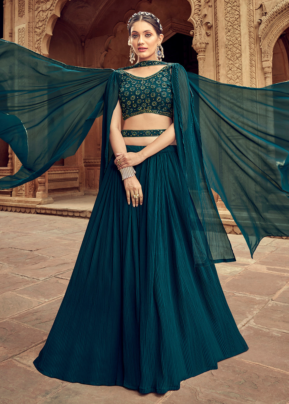 Buy Now Enticing Teal Georgette Function Style Lehenga Choli Online in USA, UK, Canada & Worldwide at Empress Clothing.