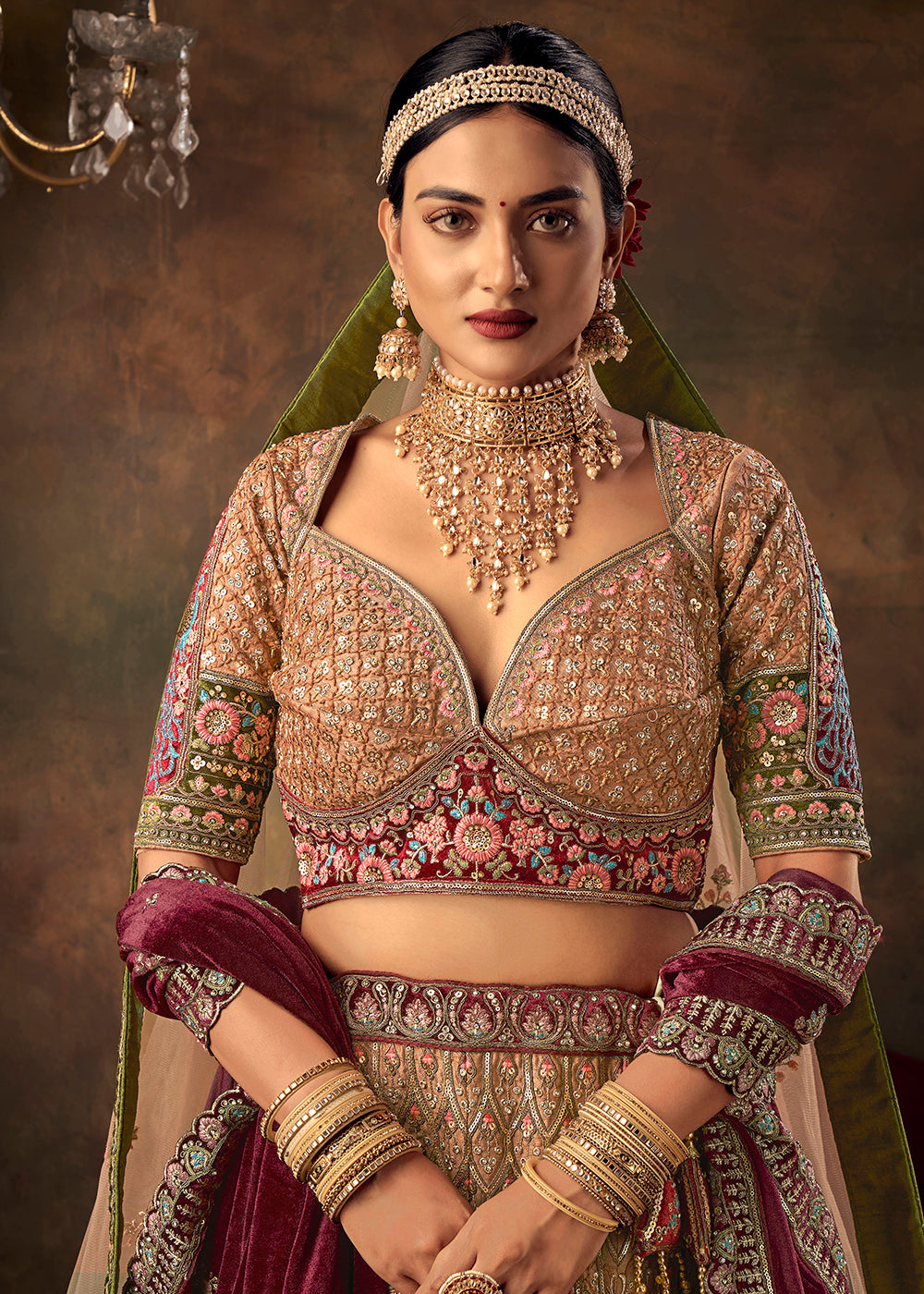 Buy Now Biscuit Beige Velvet Hand Embroidered Bridal Lehenga Choli Online in USA, UK, Canada & Worldwide at Empress Clothing.