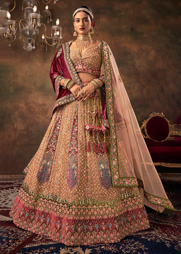 Buy Now Biscuit Beige Velvet Hand Embroidered Bridal Lehenga Choli Online in USA, UK, Canada & Worldwide at Empress Clothing.