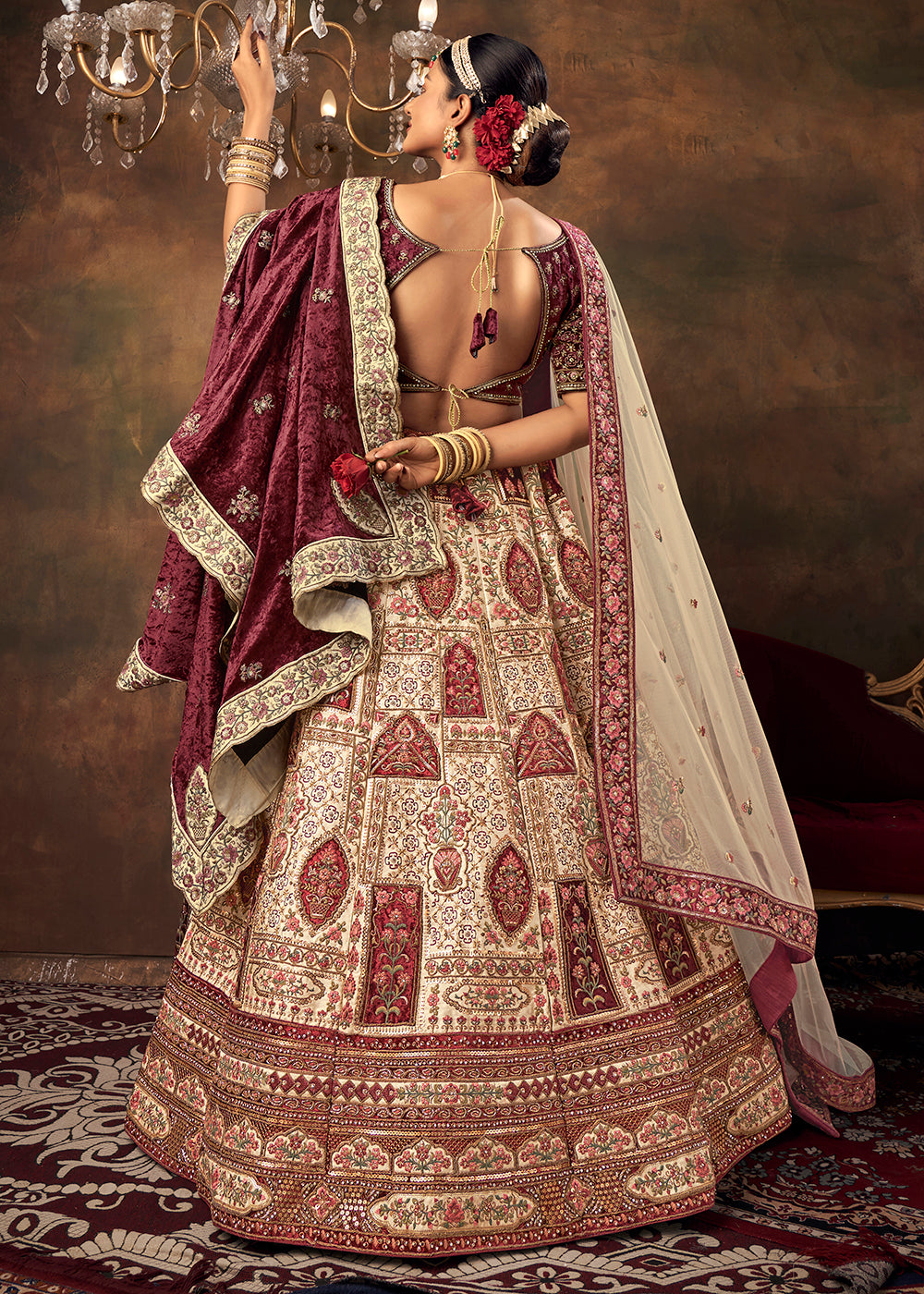 Buy Now Chickoo Beige Velvet Hand Embroidered Bridal Lehenga Choli Online in USA, UK, Canada & Worldwide at Empress Clothing.