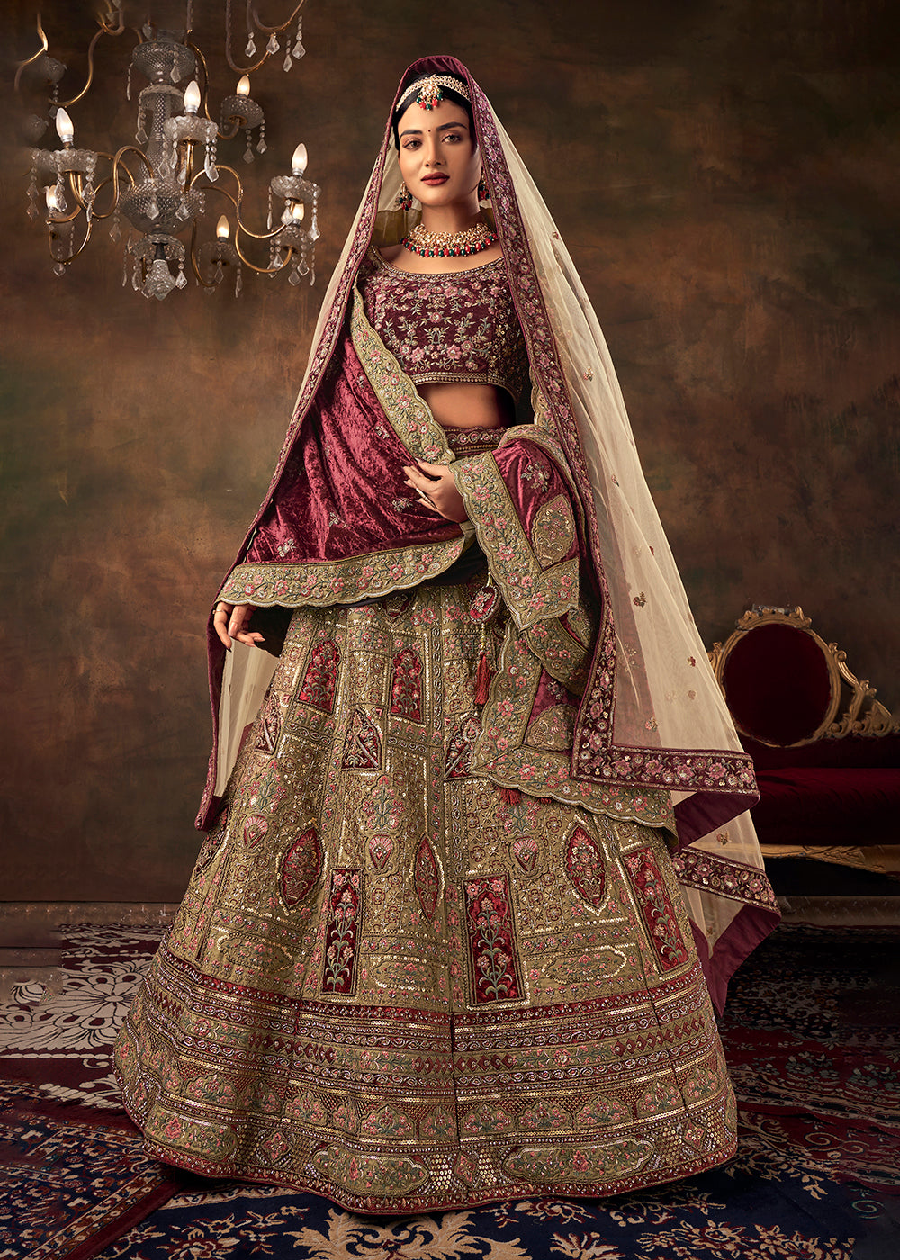 Buy Now Beige  Velvet Hand Embroidered Bridal Lehenga Choli Online in USA, UK, Canada & Worldwide at Empress Clothing.