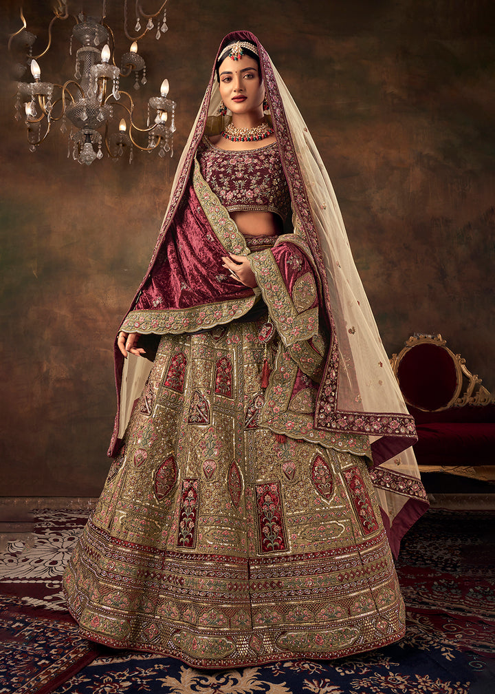 Buy Now Beige  Velvet Hand Embroidered Bridal Lehenga Choli Online in USA, UK, Canada & Worldwide at Empress Clothing.