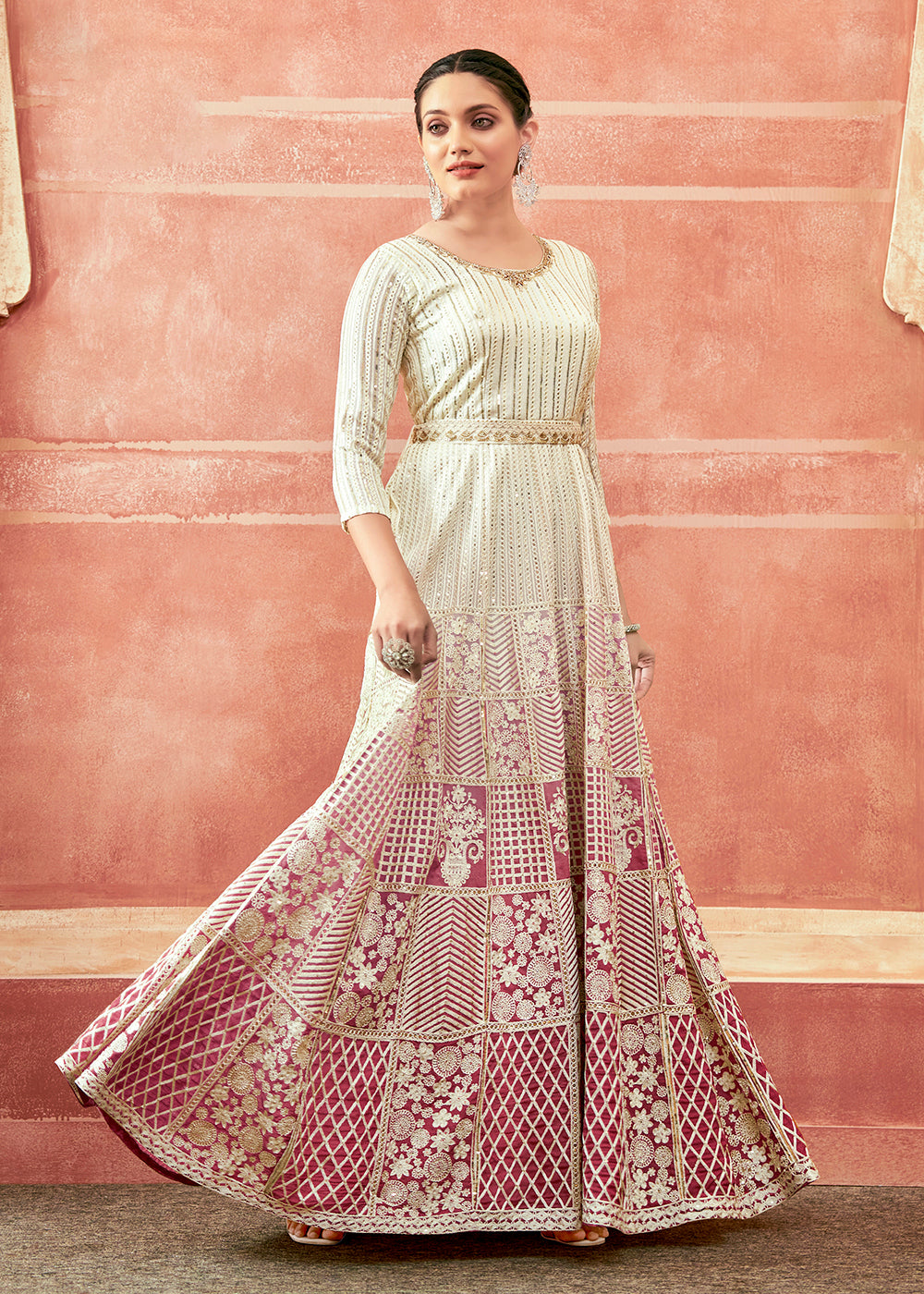 Buy Now Off White & Pink Georgette Embroidered Festive Anarkali Suit Online in USA, UK, Australia, New Zealand, Canada & Worldwide at Empress Clothing. 
