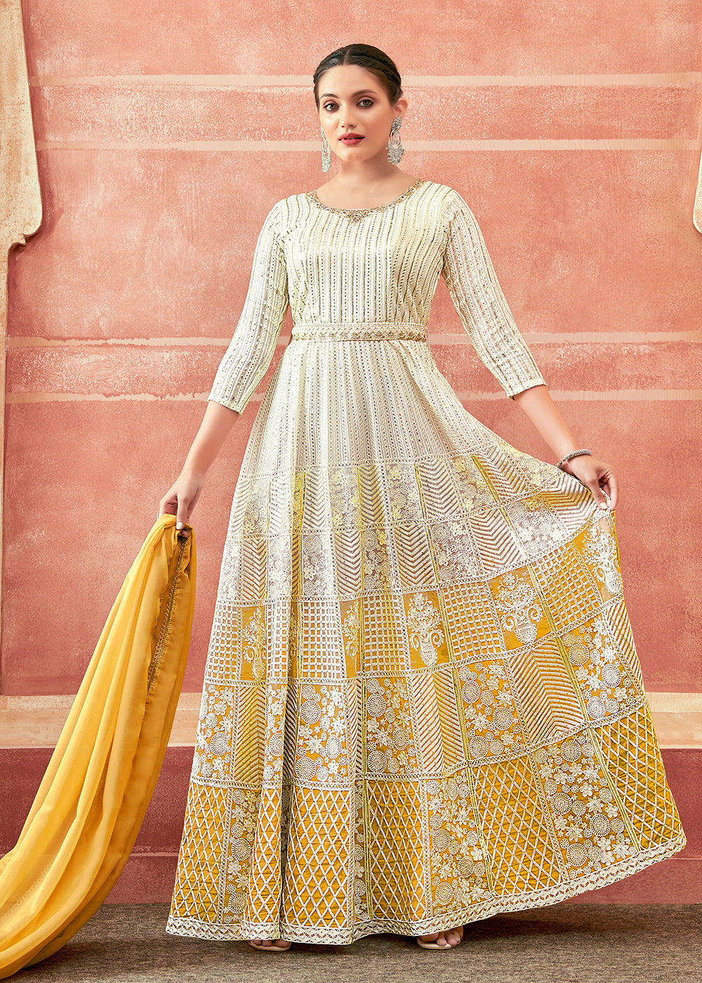 Buy Now Off White & Yellow Georgette Embroidered Festive Anarkali Suit Online in USA, UK, Australia, New Zealand, Canada & Worldwide at Empress Clothing. 