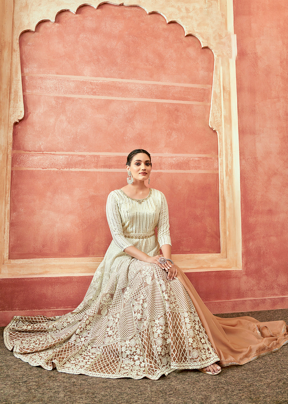 Buy Now Off White & Rust Georgette Embroidered Festive Anarkali Suit Online in USA, UK, Australia, New Zealand, Canada & Worldwide at Empress Clothing.
