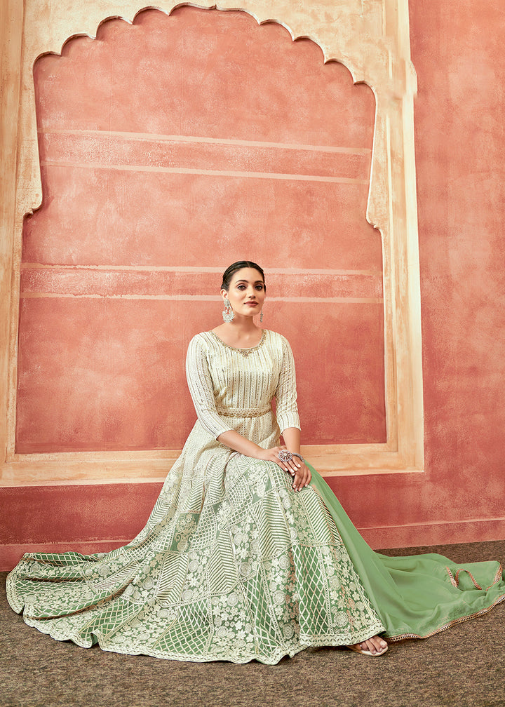 Buy Now Off White & Green Georgette Embroidered Festive Anarkali Suit Online in USA, UK, Australia, New Zealand, Canada & Worldwide at Empress Clothing.