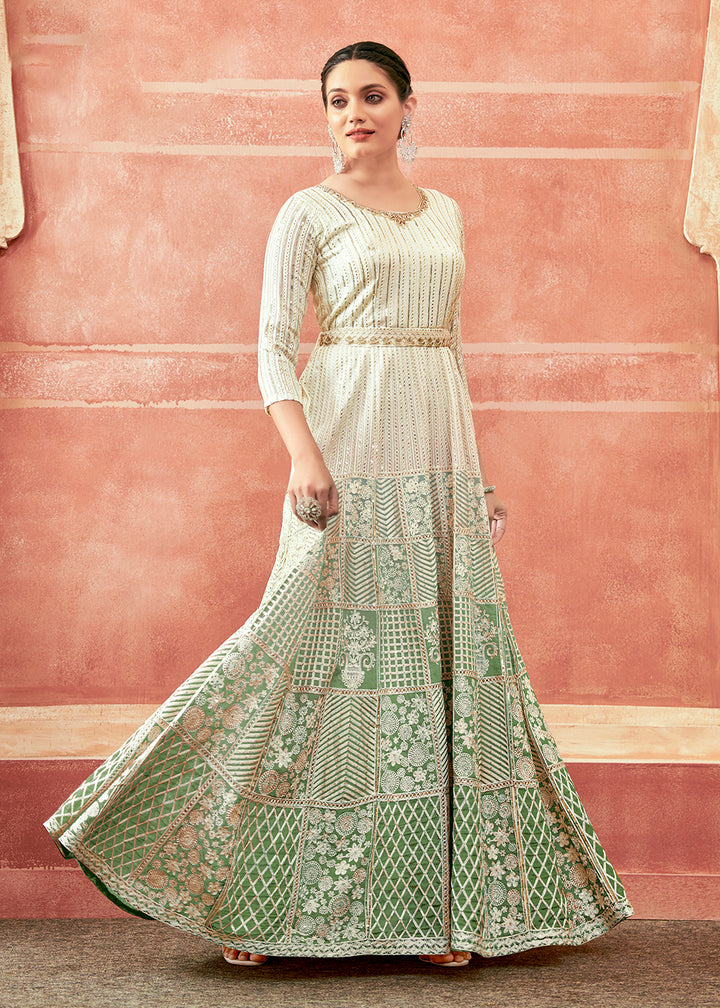 Buy Now Off White & Green Georgette Embroidered Festive Anarkali Suit Online in USA, UK, Australia, New Zealand, Canada & Worldwide at Empress Clothing.