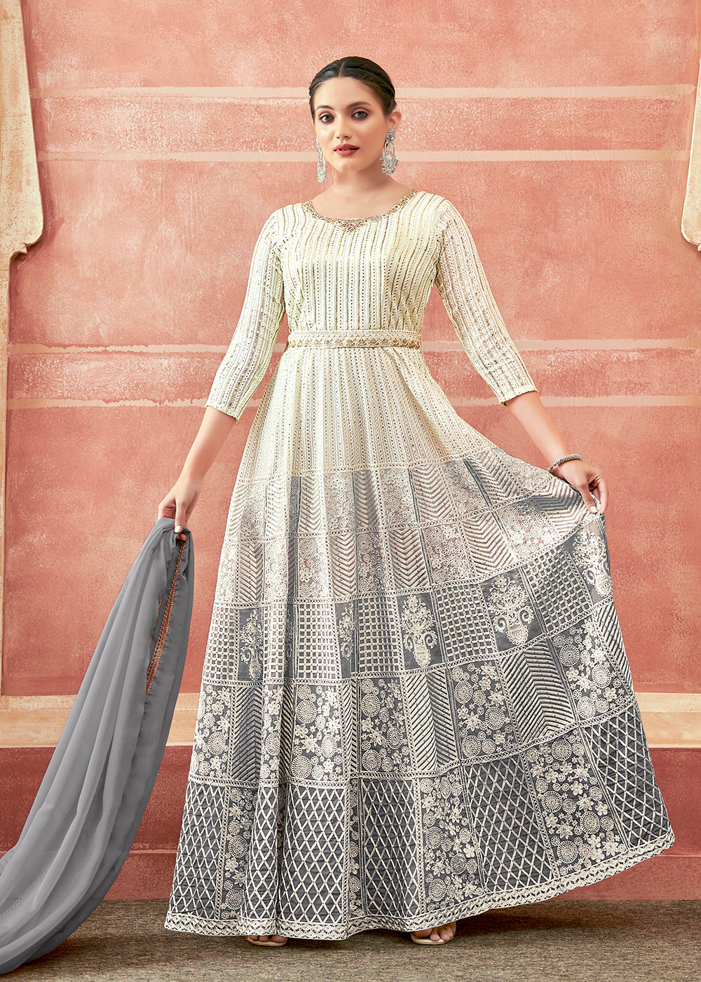 Buy Now Off White & Grey Georgette Embroidered Festive Anarkali Suit Online in USA, UK, Australia, New Zealand, Canada & Worldwide at Empress Clothing. 