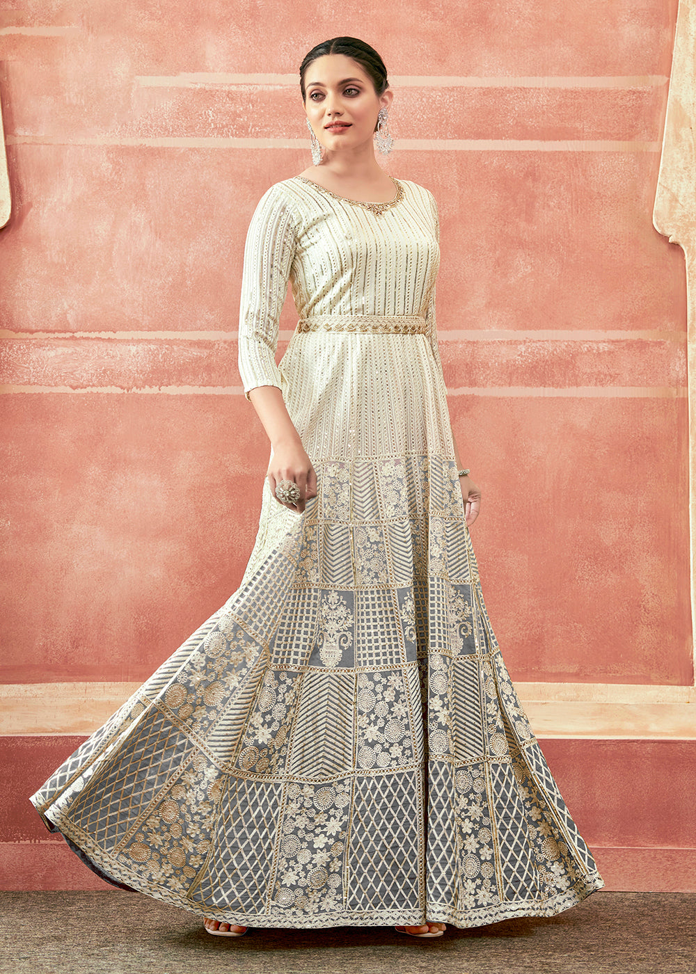 Buy Now Off White & Grey Georgette Embroidered Festive Anarkali Suit Online in USA, UK, Australia, New Zealand, Canada & Worldwide at Empress Clothing. 