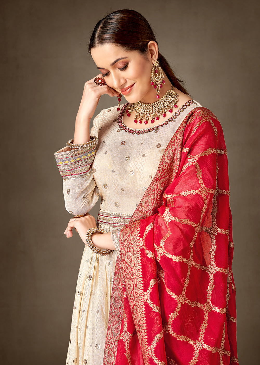 Cream & Red Pure Silk Jacquard Slit Style Anarkali Dress Cream & Red Pure Silk Jacquard Slit Style Anarkali Dress