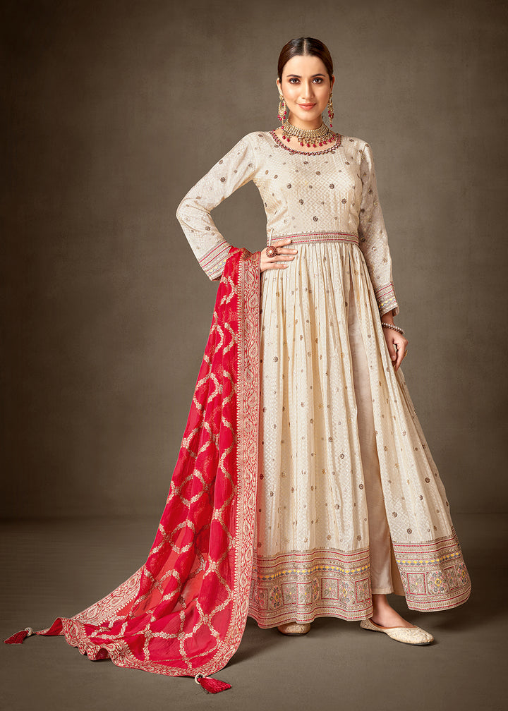 Buy Now Cream & Red Pure Silk Jacquard Slit Style Anarkali Dress Online in USA, UK, Australia, New Zealand, Canada & Worldwide at Empress Clothing.