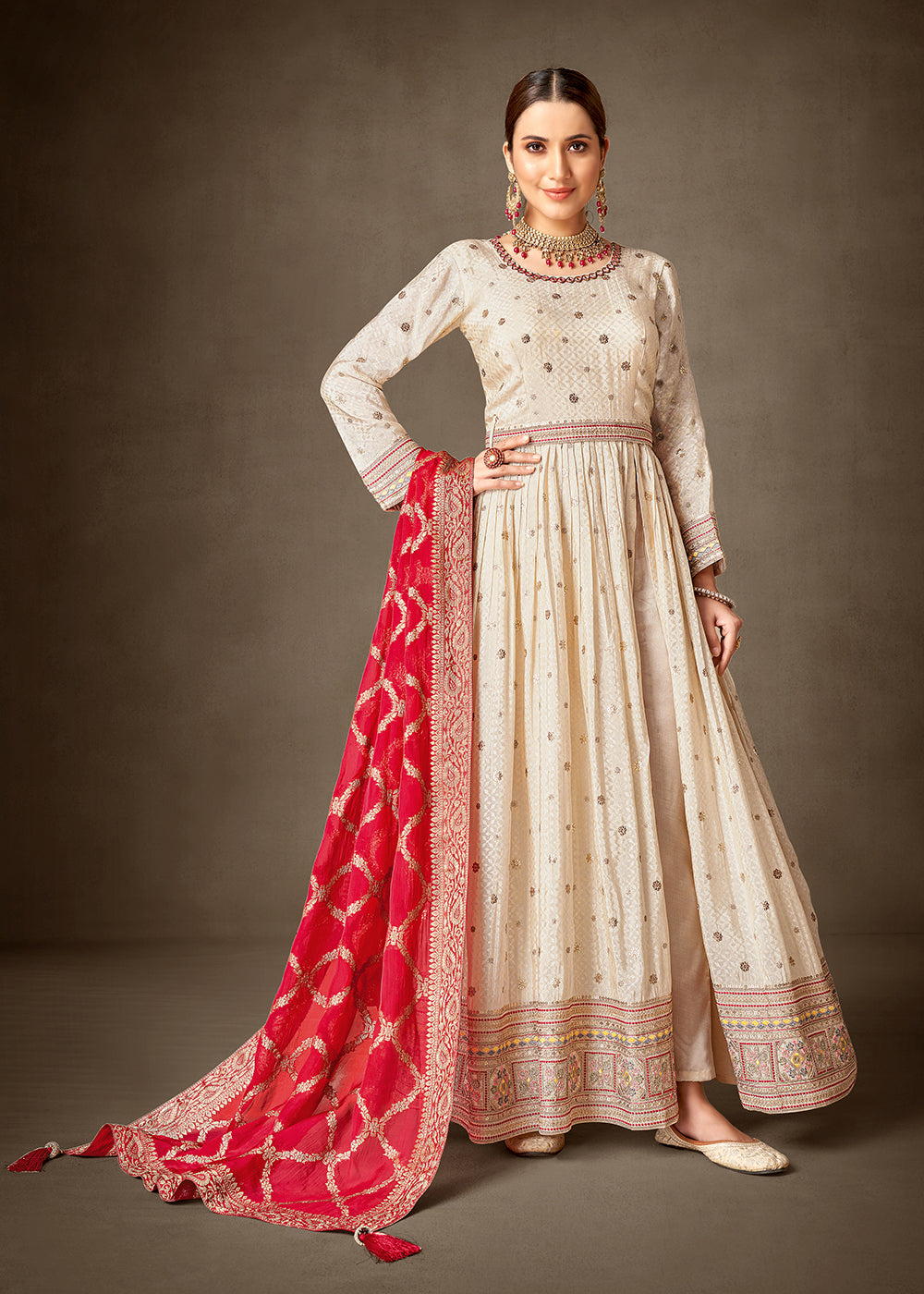 Buy Wedding Wear Dress Cream Red Pure Silk Jacquard Anarkali