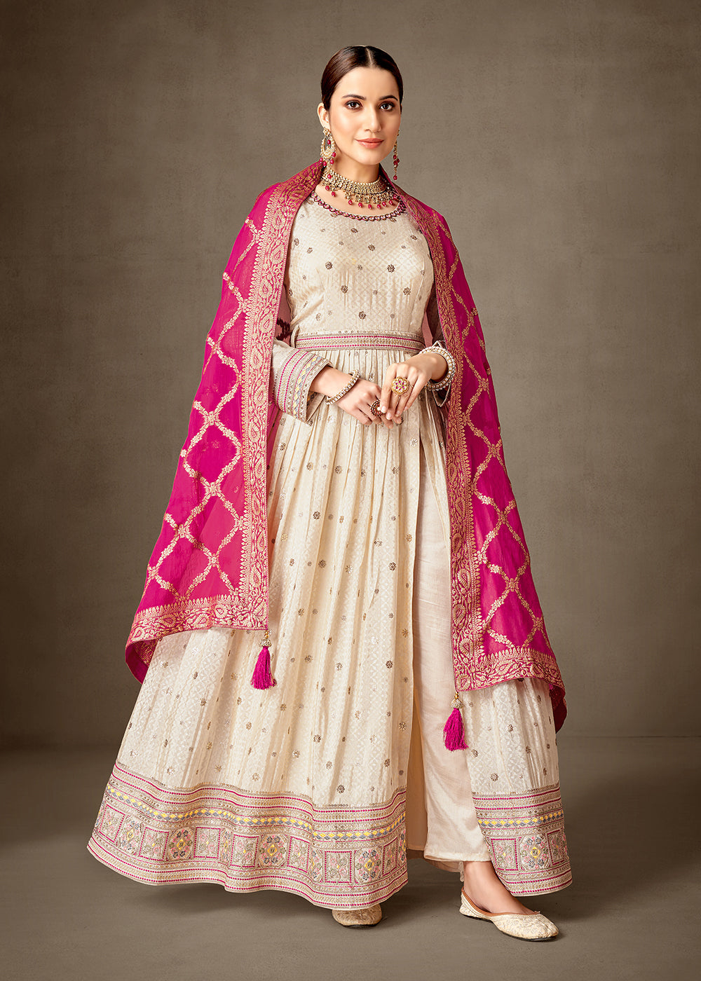 Buy Now Cream & Pink Pure Silk Jacquard Slit Style Anarkali Dress Online in USA, UK, Australia, New Zealand, Canada & Worldwide at Empress Clothing.