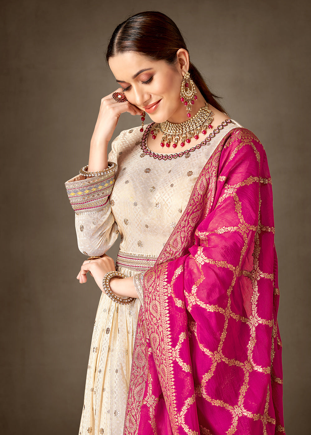 Buy Now Cream & Pink Pure Silk Jacquard Slit Style Anarkali Dress Online in USA, UK, Australia, New Zealand, Canada & Worldwide at Empress Clothing.