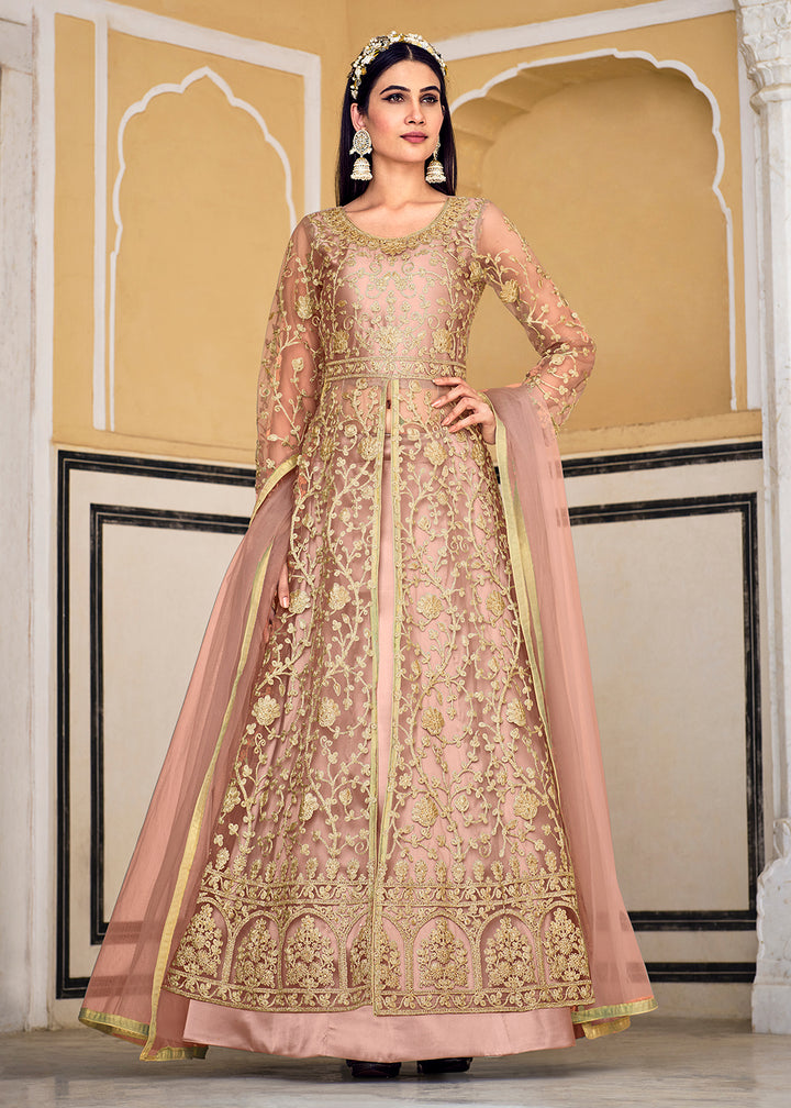Buy Now Peach Skirt & Pant Style Designer Anarkali Suit Online in USA, UK, Australia, New Zealand, Canada & Worldwide at Empress Clothing.
