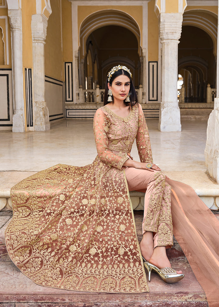 Buy Now Peach Skirt & Pant Style Designer Anarkali Suit Online in USA, UK, Australia, New Zealand, Canada & Worldwide at Empress Clothing.