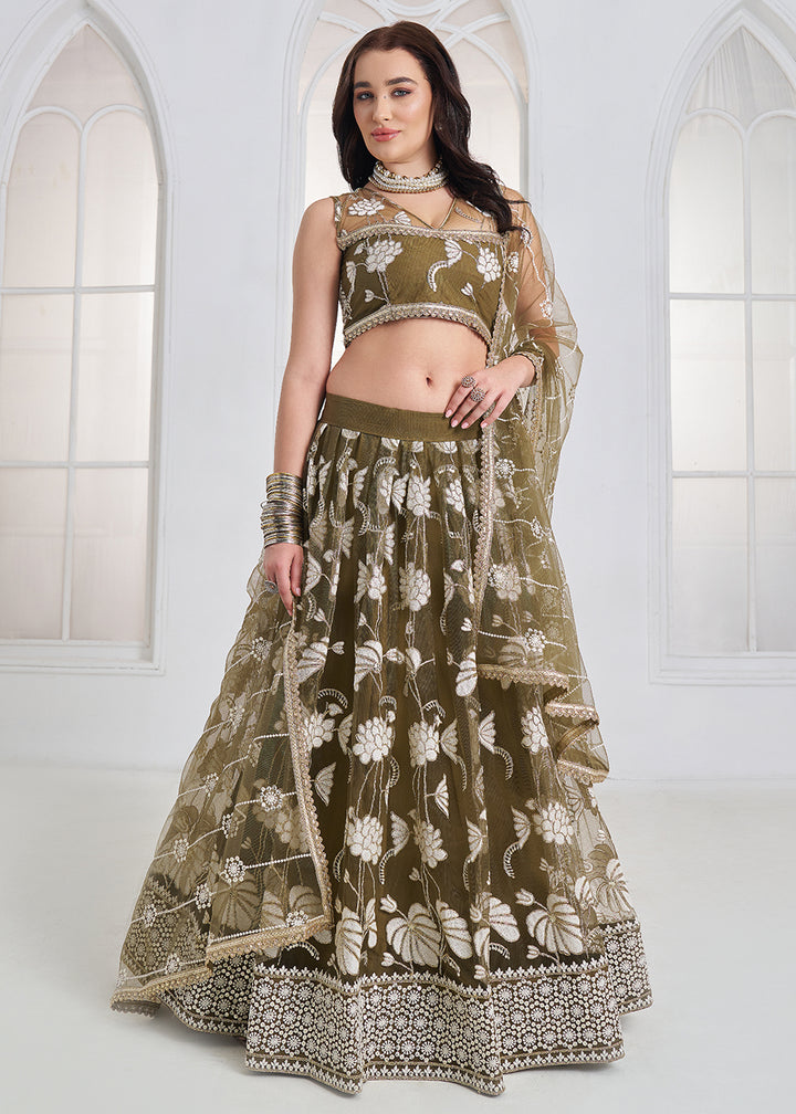Buy Now Green Tone to Tone Threads Embroidery Wedding Lehanga Choli Online in US, UK, Canada, France, Italy, Germany, Sweden, Austria &amp; Worldwide at Empress.
