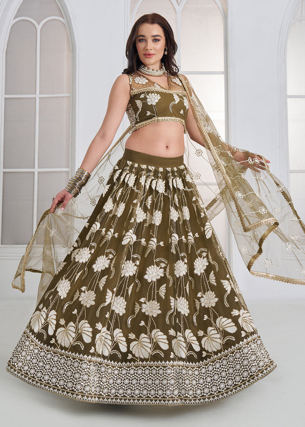 Buy Now Green Tone to Tone Threads Embroidery Wedding Lehanga Choli Online in US, UK, Canada, France, Italy, Germany, Sweden, Austria &amp; Worldwide at Empress.