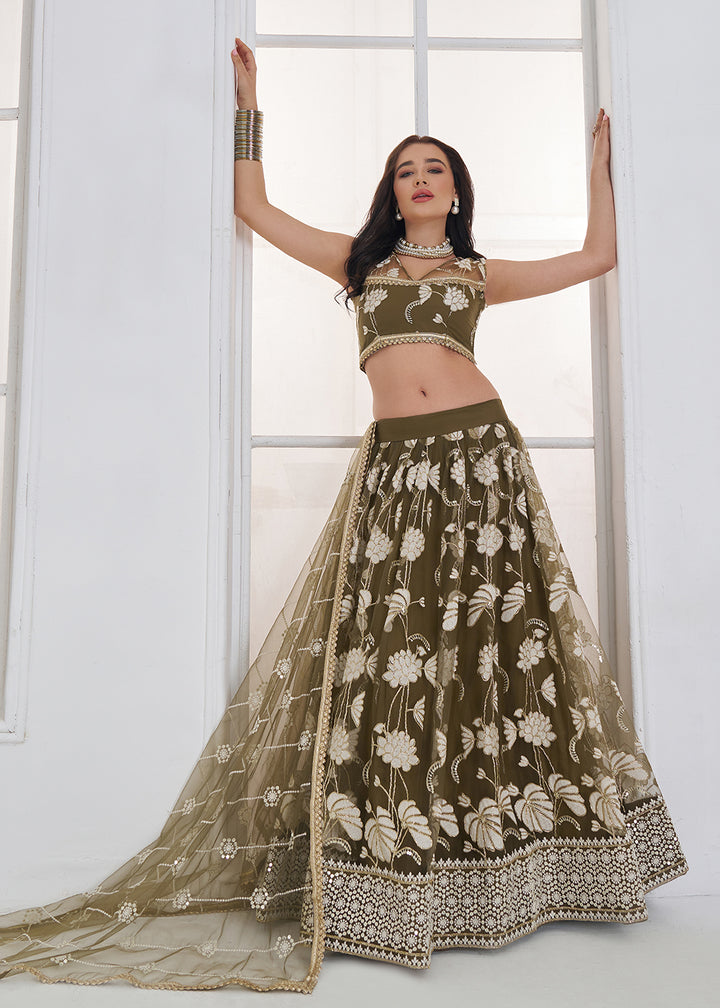 Buy Now Green Tone to Tone Threads Embroidery Wedding Lehanga Choli Online in US, UK, Canada, France, Italy, Germany, Sweden, Austria &amp; Worldwide at Empress.
