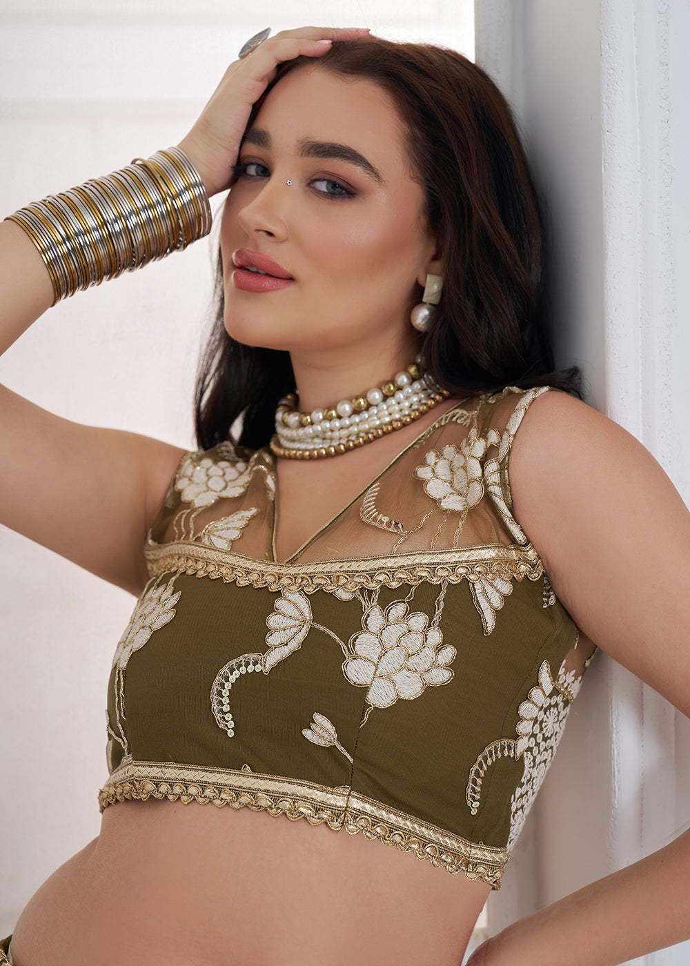 Buy Now Green Tone to Tone Threads Embroidery Wedding Lehanga Choli Online in US, UK, Canada, France, Italy, Germany, Sweden, Austria &amp; Worldwide at Empress.