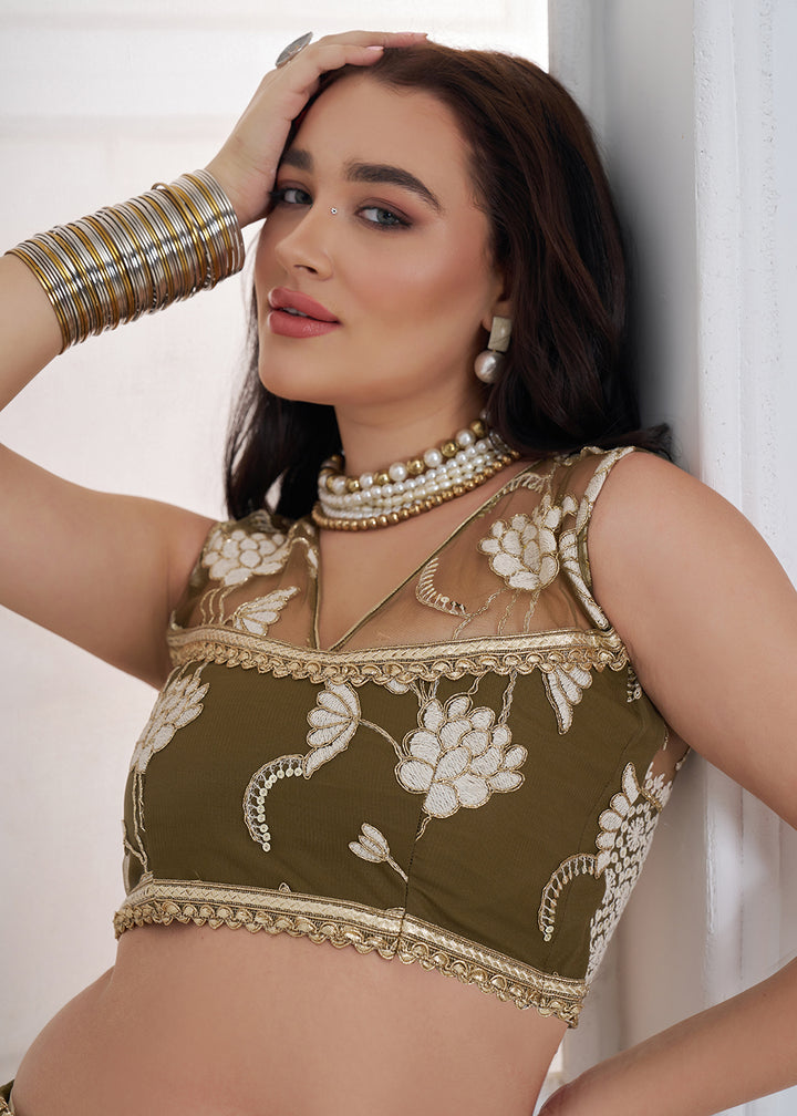 Buy Now Green Tone to Tone Threads Embroidery Wedding Lehanga Choli Online in US, UK, Canada, France, Italy, Germany, Sweden, Austria &amp; Worldwide at Empress.
