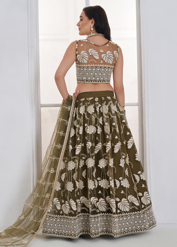 Buy Now Green Tone to Tone Threads Embroidery Wedding Lehanga Choli Online in US, UK, Canada, France, Italy, Germany, Sweden, Austria &amp; Worldwide at Empress.