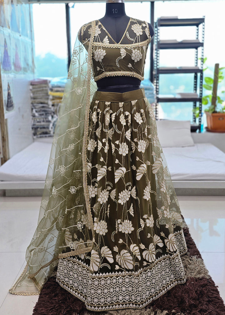 Buy Now Green Tone to Tone Threads Embroidery Wedding Lehanga Choli Online in US, UK, Canada, France, Italy, Germany, Sweden, Austria &amp; Worldwide at Empress.