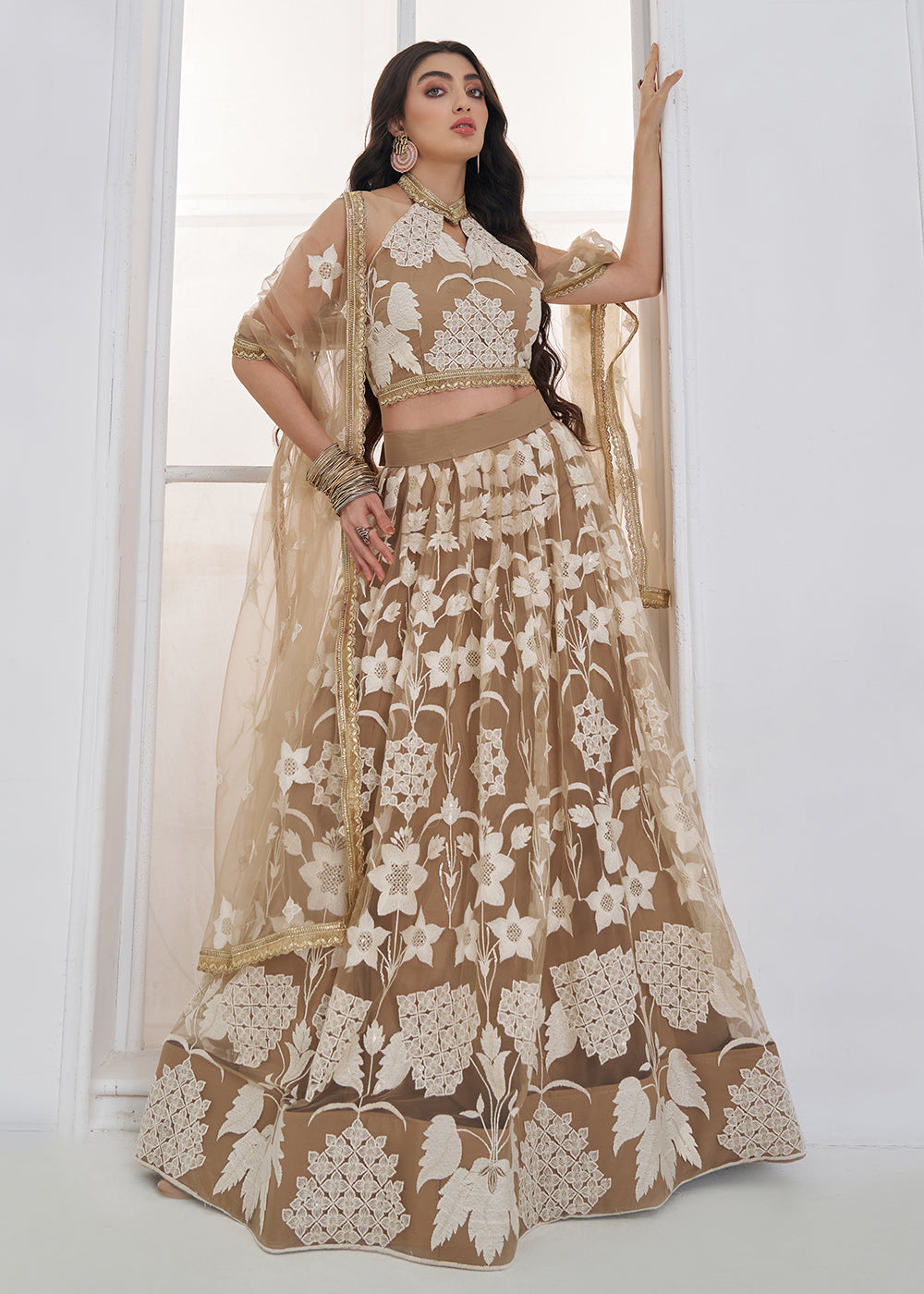 Buy Now Beige Tone to Tone Threads Embroidery Wedding Lehanga Choli Online in US, UK, Canada, France, Italy, Germany, Sweden, Austria &amp; Worldwide at Empress.