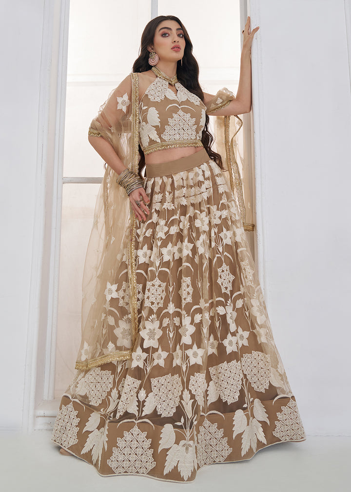 Buy Now Beige Tone to Tone Threads Embroidery Wedding Lehanga Choli Online in US, UK, Canada, France, Italy, Germany, Sweden, Austria &amp; Worldwide at Empress.