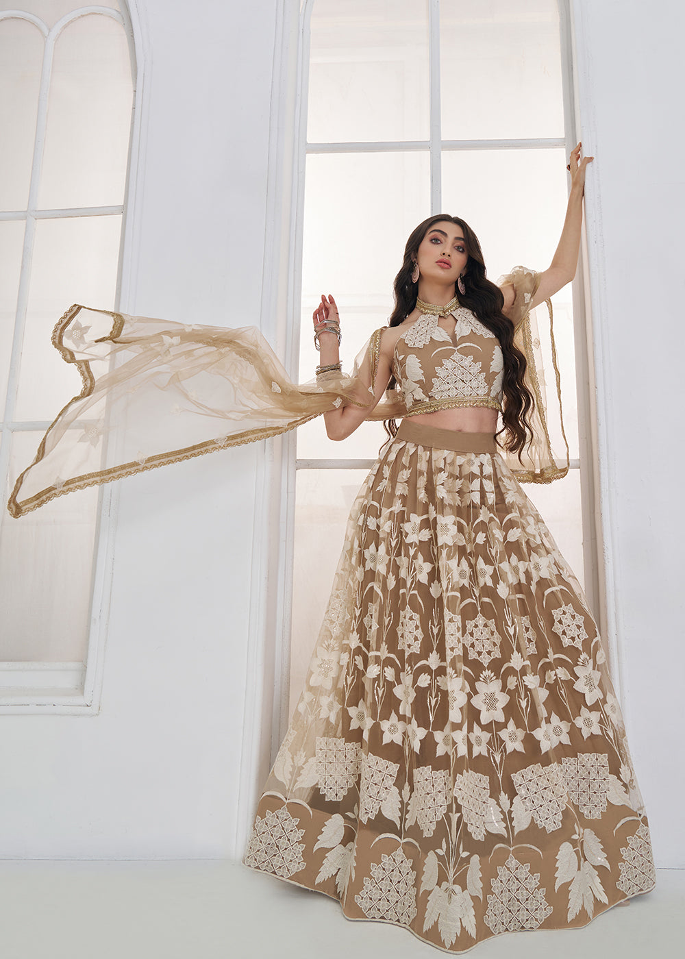 Buy Now Beige Tone to Tone Threads Embroidery Wedding Lehanga Choli Online in US, UK, Canada, France, Italy, Germany, Sweden, Austria &amp; Worldwide at Empress.